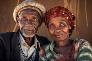 ai generiert Porträt von ein afrikanisch Alten Paar von ein Mann und ein Frau gegen das Hintergrund von afrikanisch Natur. reifen afrikanisch Paar foto