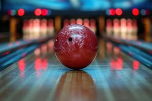 ai generiert das Bowling Ball fliegt in das Kegeln. Bowling foto