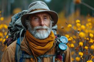 ai generiert ein Alten Mann ist ein Reisender mit ein Rucksack im das Herbst im das Wald foto