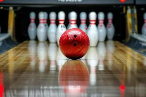 ai generiert das Bowling Ball fliegt in das Kegeln. Bowling foto