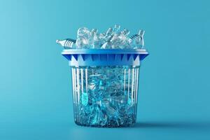 ai generiert viele von Plastik Flaschen im ein Eimer auf ein Blau Hintergrund foto