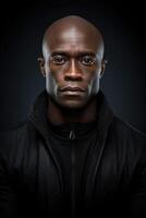 ai generiert Porträt von ein ernst Mann von das afrikanisch Rennen auf ein schwarz Hintergrund foto