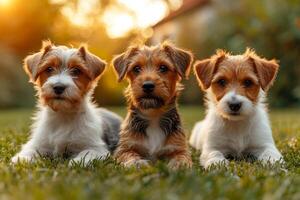 ai generiert Porträt von ein Gruppe von Jack Russell Hunde im Sommer- auf ein Grün Rasen foto