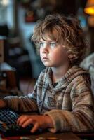 ai generiert ein charmant Streamer Junge ist spielen ein Video Spiel auf ein Computer mit ein Ruhe Ausdruck auf seine Gesicht foto