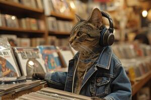 ai generiert ein Katze mit Kopfhörer im ein Musik- Geschäft foto