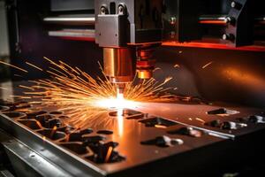 ai generiert Laser- Schneiden von Metall auf cnc Maschinen, modern industriell Technologie zum Herstellung industriell Teile. modern Metallbearbeitung foto