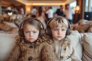 ai generiert zwei traurig Kinder sind Sitzung auf das Couch mit Kopfhörer auf gegen das Hintergrund von ihr Eltern' Party foto