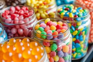 ai generiert viele von bunt Süßigkeiten und Karamell Süßigkeiten auf das Regal im das Geschäft foto