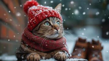 ai generiert ein Katze im ein Winter Hut und Schal auf das Straße während das Tag im Winter foto