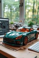 ai generiert ein Attrappe, Lehrmodell, Simulation von ein modern Sport Auto auf das Hintergrund von ein Auto des Designers Laptop foto