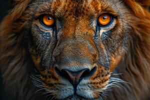 ai generiert Porträt von ein Löwen Schnauze im Nahansicht. das Löwen Kopf foto