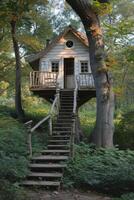 ai generiert süß wenig Baum Haus zum Kinder im das Wald foto