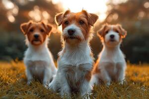 ai generiert Porträt von ein Gruppe von Jack Russell Hunde im Sommer- auf ein Grün Rasen foto