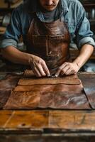 ai generiert ein männlich Schuster Arbeiten mit Leder Stoff im seine Werkstatt foto