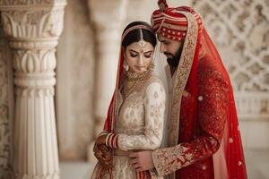 ai generiert indisch Braut und Bräutigam beim ein festlich Zeremonie. indisch Hochzeit foto