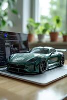 ai generiert ein Attrappe, Lehrmodell, Simulation von ein modern Sport Auto auf das Hintergrund von ein Auto des Designers Laptop foto