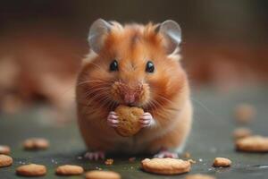 ai generiert hungrig Haustier Hamster isst Kekse drinnen foto
