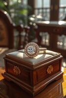 ai generiert ein Platin Diamant Ring ist im ein Schmuck Kasten, das Konzept von Luxus foto