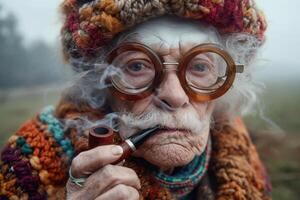 ai generiert ein modisch Alten Frau raucht ein Rohr auf das Straße im Herbst foto