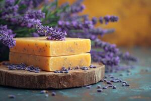 ai generiert handgemacht Seife Lügen auf ein Tabelle mit Lavendel Blumen, ein Strauß von Lavendel auf ein hölzern Tabelle foto