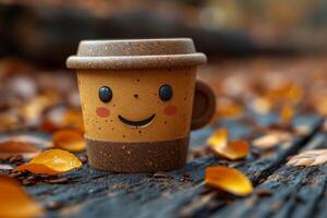 ai generiert Einweg Kaffee Tasse mit ein lächelnd Gesicht auf ein Herbst Hintergrund foto