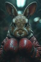 ai generiert ein feige Hase im Boxen Handschuhe auf das Hintergrund von das Ring. 3d Illustration foto