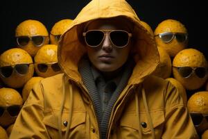 ai generiert Porträt von ein Mann gekleidet im ein hell Gelb mit Kapuze Mantel auf ein surreal Hintergrund foto