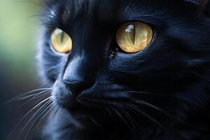 ai generiert ein Nahansicht Foto erfasst das heftig Blick von ein schwarz Katze mit auffällig Gelb Augen. das Katze Pelz ist glatt und glänzend, und das Fokus schärft das Einzelheiten von es ist Gesicht