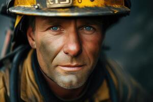 ai generiert Nahansicht Porträt von ein grobkörnig Feuerwehrmann mit ein rußverschmiert Gesicht, reflektieren Widmung und Mut. foto