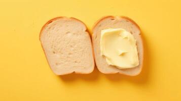 ai generiert zwei Scheiben von Weiß Brot mit ein klopfen von Butter auf ein hell Gelb Hintergrund, oben Sicht, Raum zum Text foto
