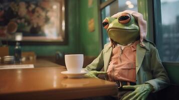 ai generiert Hipster Frosch im Cafe foto