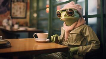 ai generiert Hipster Frosch im Cafe foto