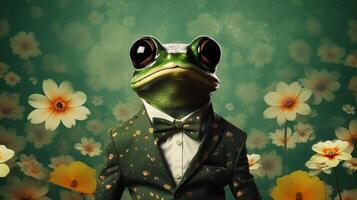 ai generiert stilvoll Frosch auf ein Gänseblümchen Feld Hintergrund Illustration. foto