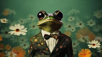 ai generiert stilvoll Frosch auf ein Gänseblümchen Feld Hintergrund Illustration. foto