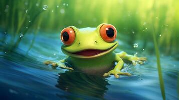 ai generiert süß lächelnd Frosch im Wasser Illustration foto