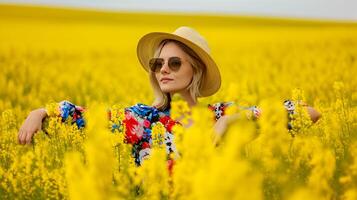 ai generiert glücklich Sommer- Hintergrund Frau tragen stilvoll Kleid ist Stehen im ein Blühen Gelb Feld. foto