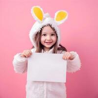 ai generiert Mädchen im Hase Ohren auf ihr Kopf hält ein leer Blatt zum Design Ostern Sozial Medien Post foto