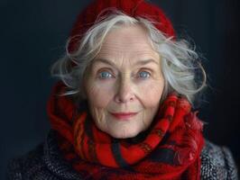 ai generiert Porträt von Senior Frau im rot Hut und Schal auf dunkel Hintergrund foto