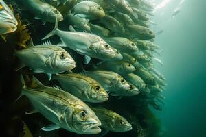 ai generiert schließen oben von Fisch schulen unter Wasser im öffnen Meer foto