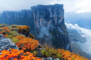 ai generiert hell Blumen beim das Kante von Abgrund auf oben von Tepui Berg foto