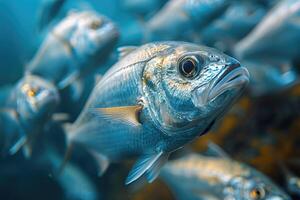 ai generiert schließen oben von Fisch schulen unter Wasser im öffnen Meer foto