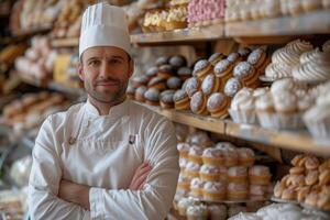 ai generiert Porträt von zuversichtlich männlich Bäcker Stehen mit Waffen gekreuzt im Bäckerei Geschäft foto