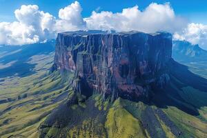 ai generiert schön Landschaft, Antenne Aussicht von das Tischplatte Berg Tepui unter das Wolken foto