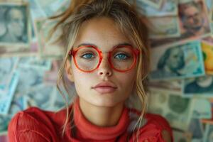 ai generiert Selfie Porträt von schön jung Frau im rot Brille auf ein Hintergrund von Geld foto
