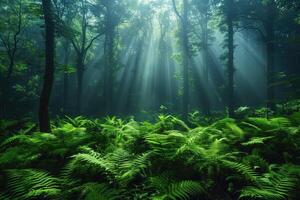 ai generiert nebelig Wald Landschaft mit Farne und Sonnenstrahlen foto