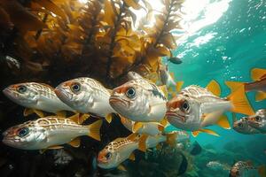 ai generiert Fisch schulen unter Wasser unter Meer Algen foto