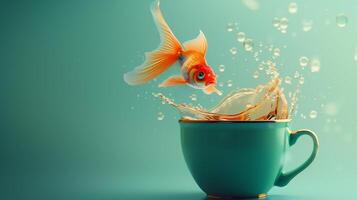 ai generiert Goldfisch Springen von blaugrün Tasse Freiheit Konzept foto