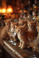 ai generiert rot Katzen auf das Bar Nächster zu Cocktails foto