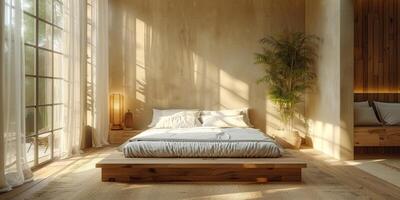 ai generiert hell und gemütlich modern Schlafzimmer mit hölzern groß Bett. Glätten Morgen Licht mit modern Dekoration. 3d machen foto