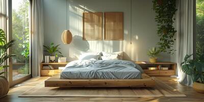 ai generiert hell und gemütlich modern Schlafzimmer mit hölzern groß Bett. Glätten Morgen Licht mit modern Dekoration. 3d machen foto